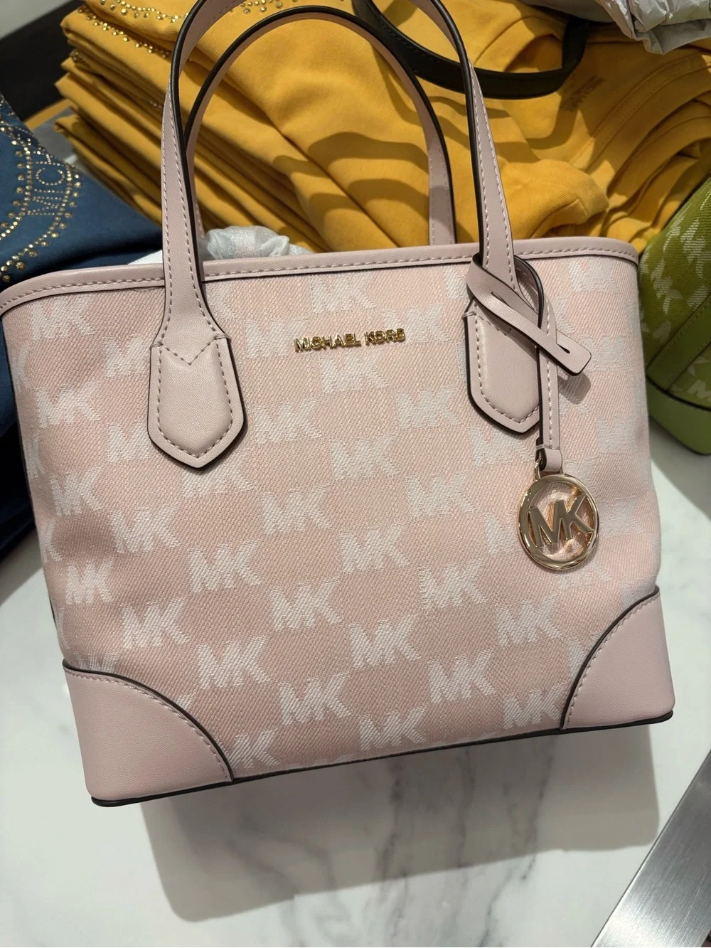 Michael Kors Eva crossbody blue Monogram MK Tote pink with strap new tag